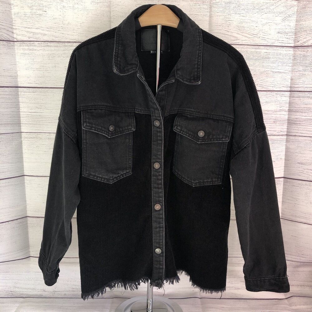 BBJ Los Angeles Black Denim/Corduroy Frayed Hem Jacket Snaps Front Pockets L EUC